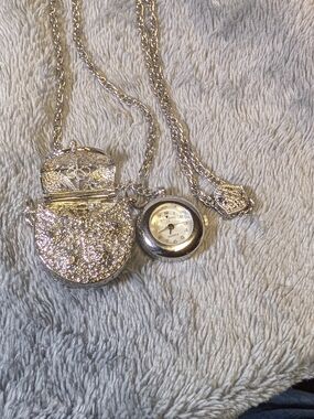 Hourglass Silver-Tone Glitter Locket Necklace with Watch Charm